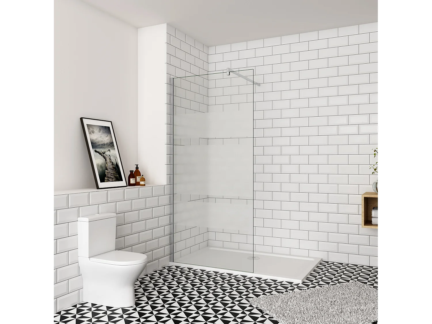 Inloopdouche-douchewand-walk in 6mm NANO EasyClean veiligheidsglas，110x190cm+F-Form:140cm Stabilisatiestang,glanzend chroom profiel