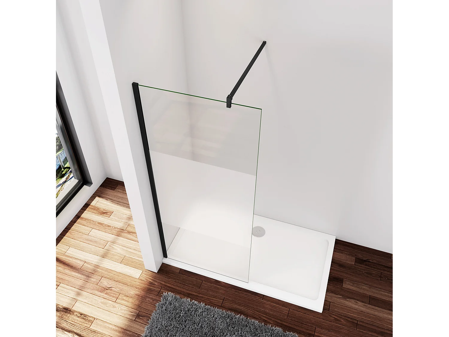 Inloopdouche-douchewand-walk in 80x200 cm,8mm midden wit gematteerd gehard glas met explosieveilige folie+F-vorm: 90 Stabilisatiestang,mat zwart aluminium profiel.