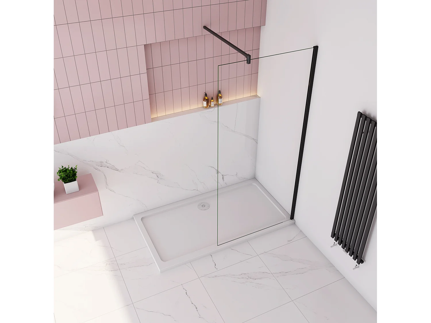 Inloopdouche-douchewand-walk in 10mm NANO EasyClean veiligheidsglas，120x200cm+F-vorm: 140 Stabilisatiestang,mat zwart aluminium profiel.