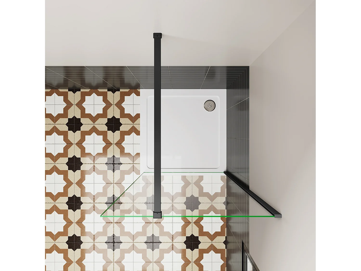 Douchewand Inloopdouche 72x195cm,6 mm helder EasyClean veiligheidsglas,mat zwart aluminium frame,stabilisatorstang 90 cm