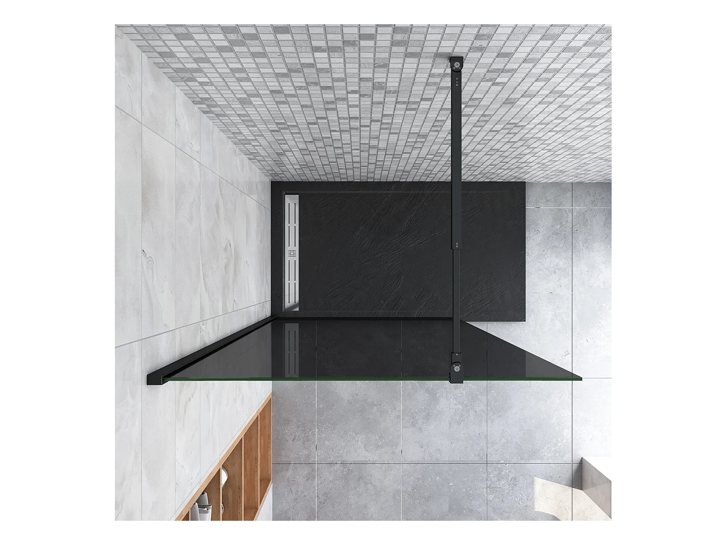 Inloopdouche met zwarte beschermfolie,100x200cm hoog,8mm EasyClean veiligheidsglas,Stabilisatiestang 73-120cm,mat zwart aluminium profiel.