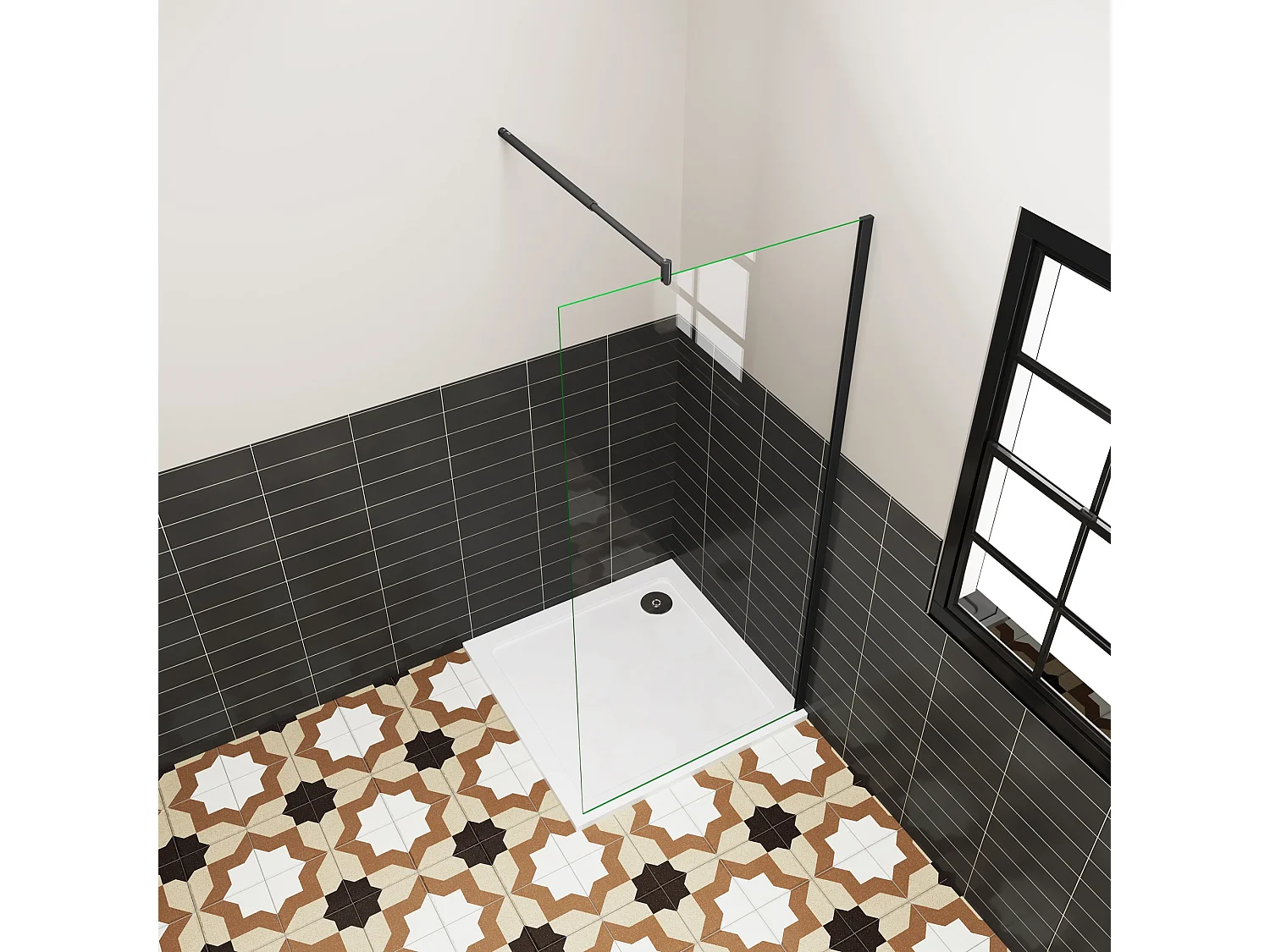Douchewand Inloopdouche 72x195cm,6 mm helder EasyClean veiligheidsglas,mat zwart aluminium frame,stabilisatorstang uitschuifbaar van 70-120 cm