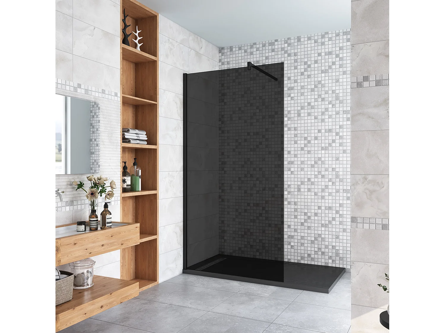 Inloopdouche met zwarte beschermfolie,100x200cm hoog,8mm EasyClean veiligheidsglas,Stabilisatiestang Form:90cm,mat zwart aluminium profiel.