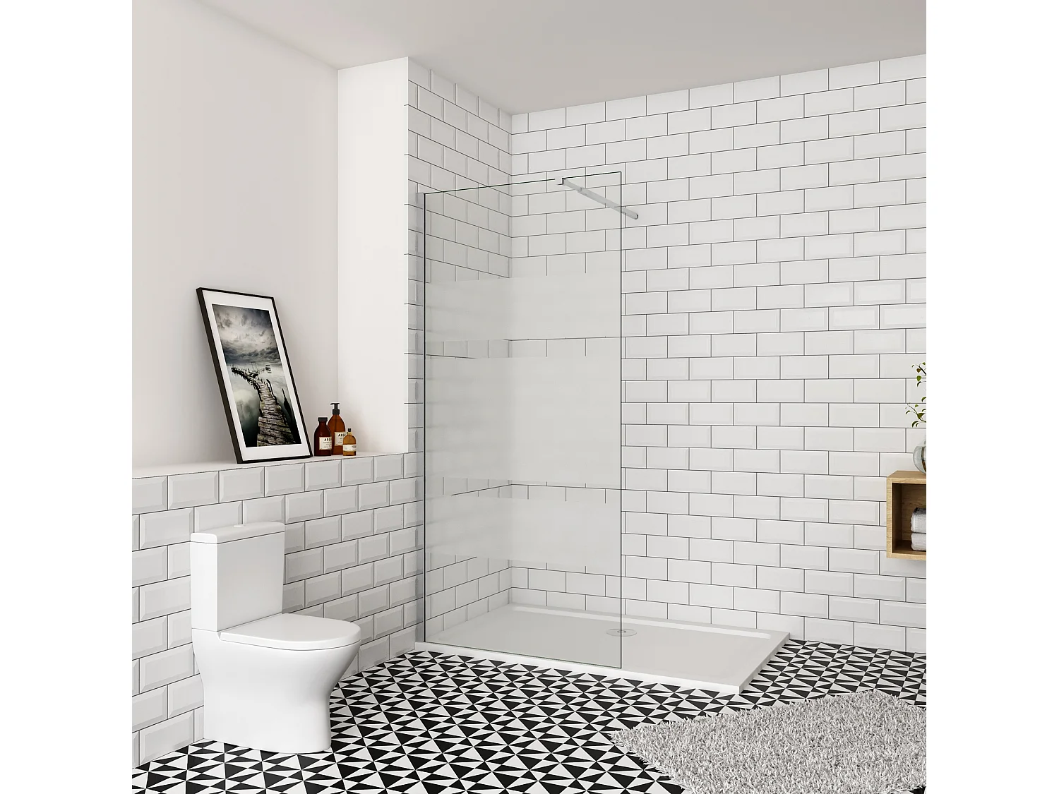 Inloopdouche-douchewand-walk in 6mm NANO EasyClean veiligheidsglas，60x190cm+73-120cm Stabilisatiestang,glanzend chroom profiel