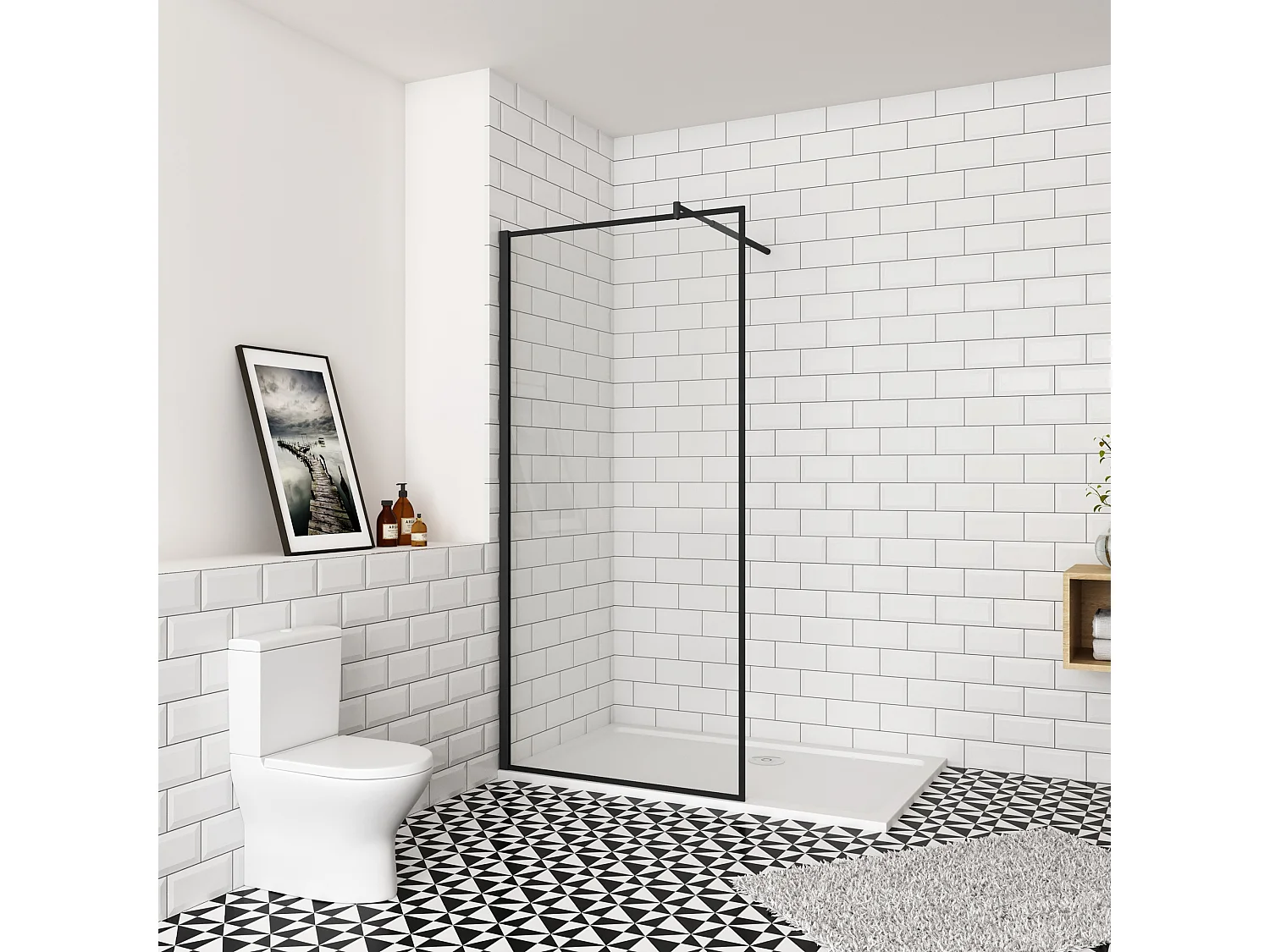 140x200cm inloopdouche-douchecabine,8mm mat zwart kader en raste gehard glas,easyclean,antikalk,stabilisatiestang 70-120cm (verstelbaar),mat zwart profiel