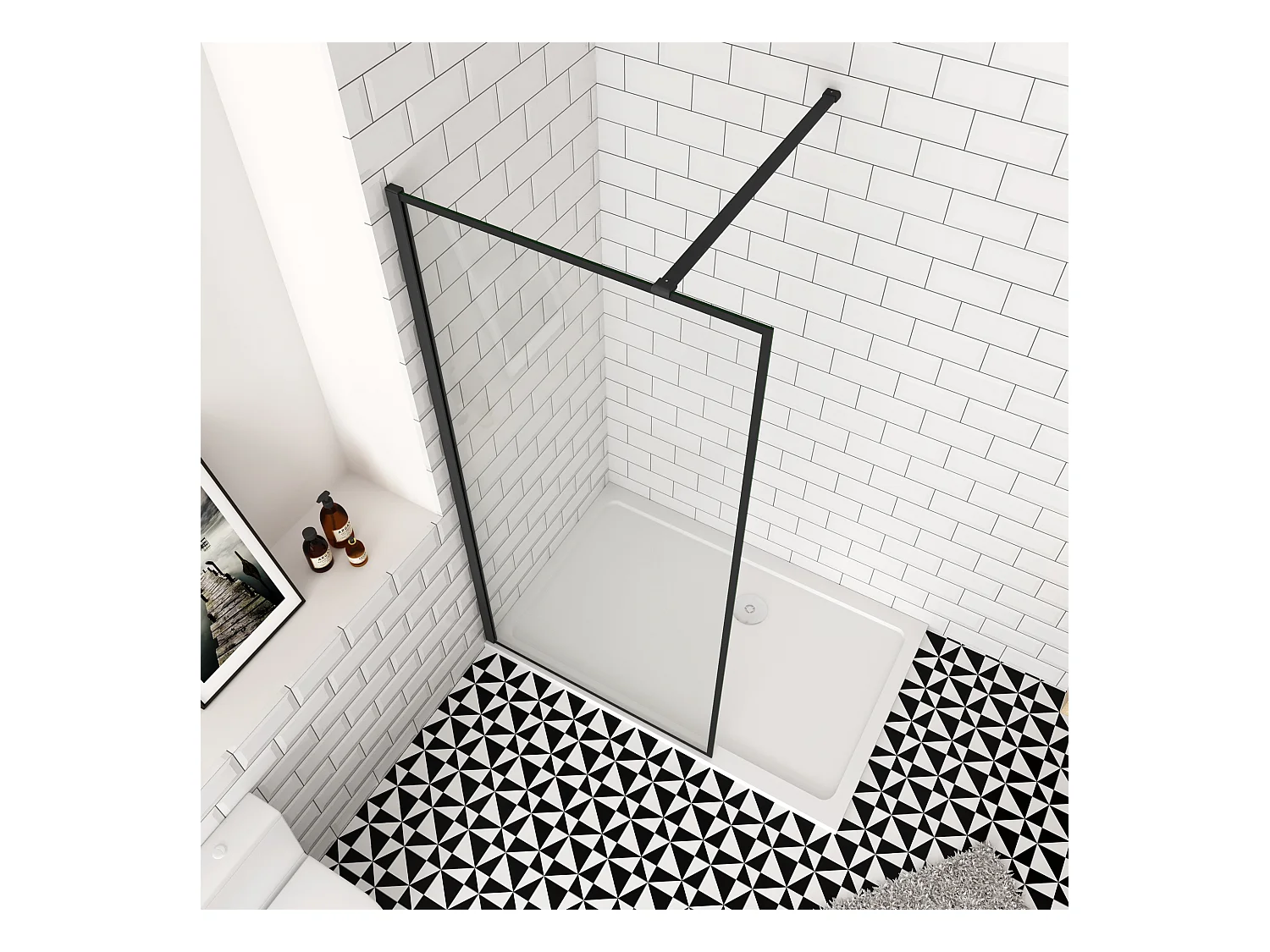 140x200cm inloopdouche-douchecabine,8mm zwart raster gehard gezeefdrukt glas,easyclean,antikalk,stabilisatiestang 140cm (kan worden gesneden),mat zwart profiel