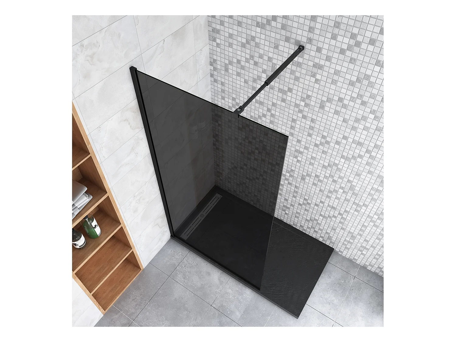 Inloopdouche met zwarte beschermfolie,140x200cm hoog,8mm EasyClean veiligheidsglas,Stabilisatiestang 73-120cm,mat zwart aluminium profiel.