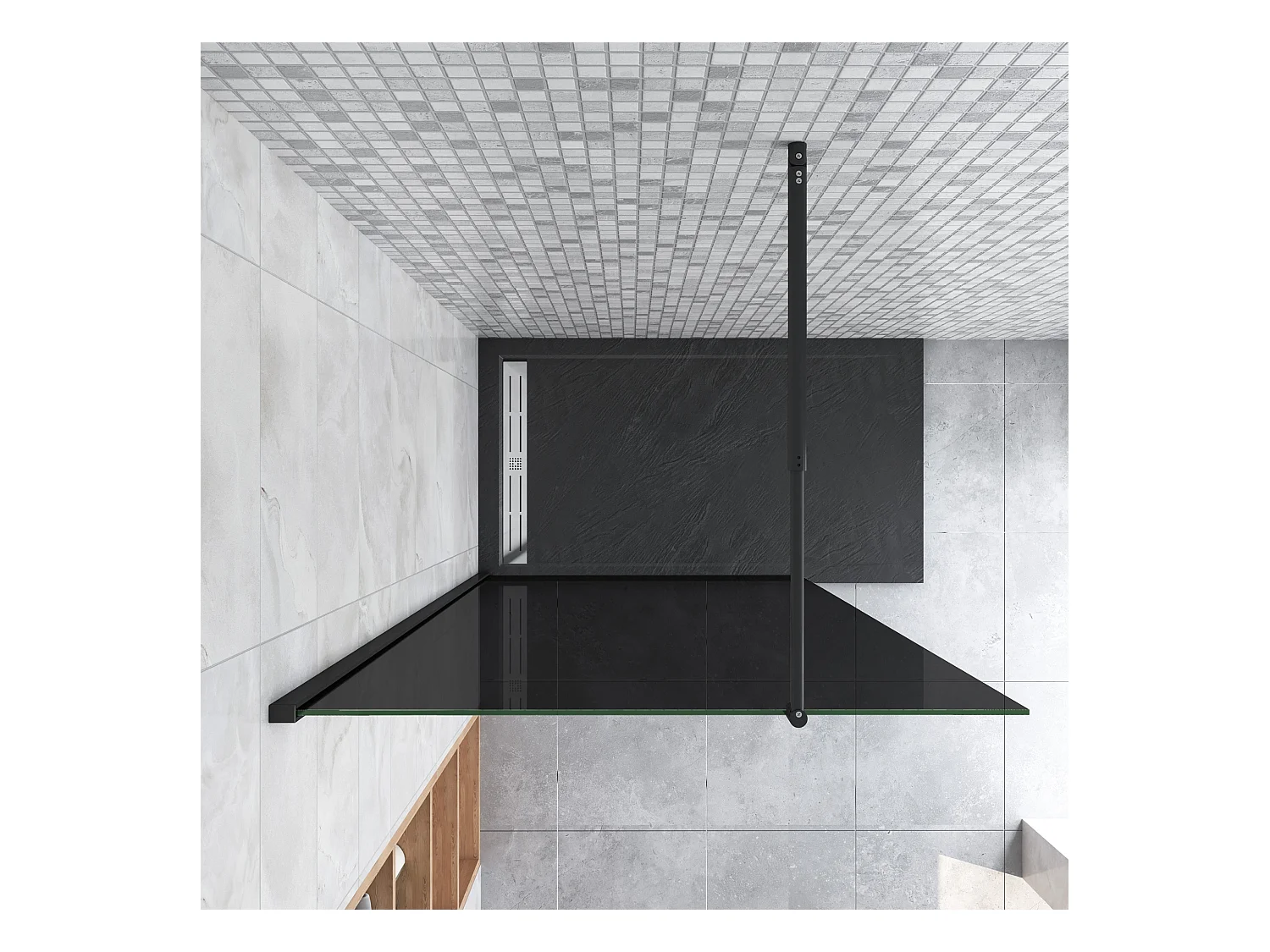 Inloopdouche met zwarte beschermfolie,80x200cm hoog,8mm EasyClean veiligheidsglas,Stabilisatiestang 70-120cm,mat zwart aluminium profiel.