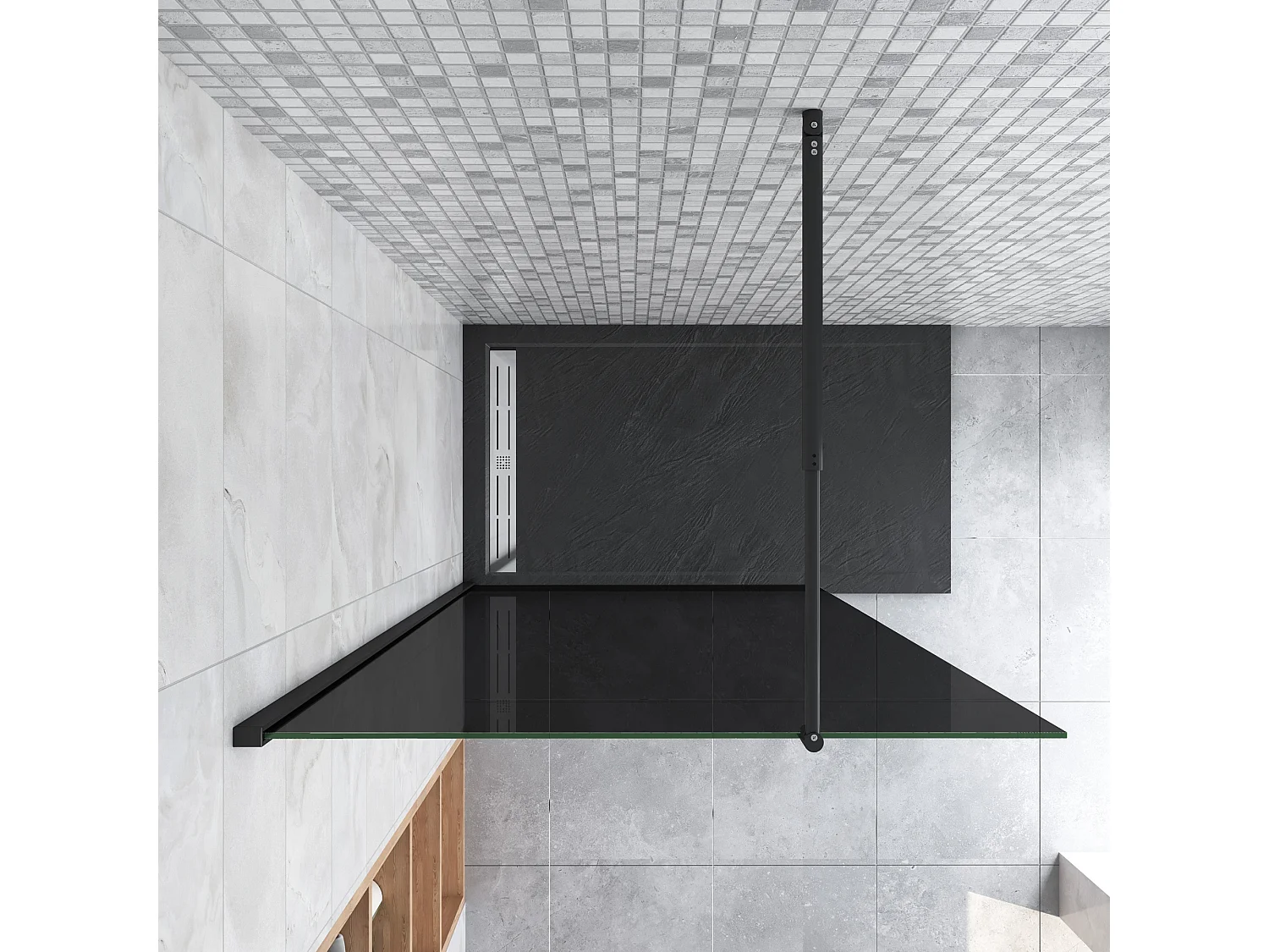 Inloopdouche met zwarte beschermfolie,80x200cm hoog,8mm EasyClean veiligheidsglas,Stabilisatiestang 70-120cm,mat zwart aluminium profiel.