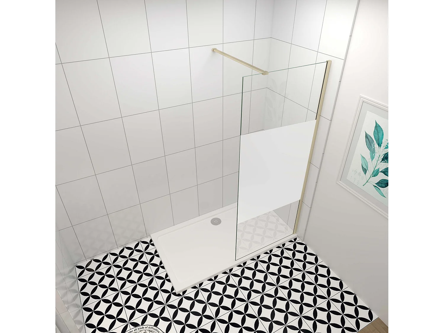 Inloopdouche-douchewand-walk in 85x200 cm,8mm midden wit gematteerd gehard glas met explosieveilige folie+N-vorm: 90 Stabilisatiestang,gouden profiel