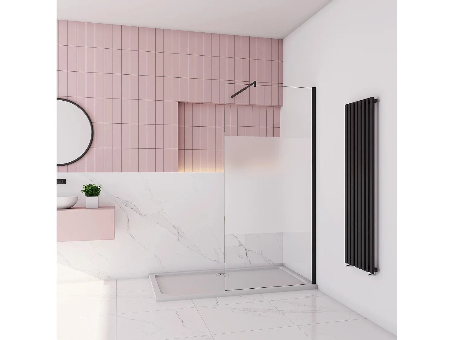 Inloopdouche-douchewand-walk in 90x200 cm,8mm midden wit gematteerd gehard glas met explosieveilige folie+70-120cm Stabilisatiestang,mat zwart aluminium profiel.