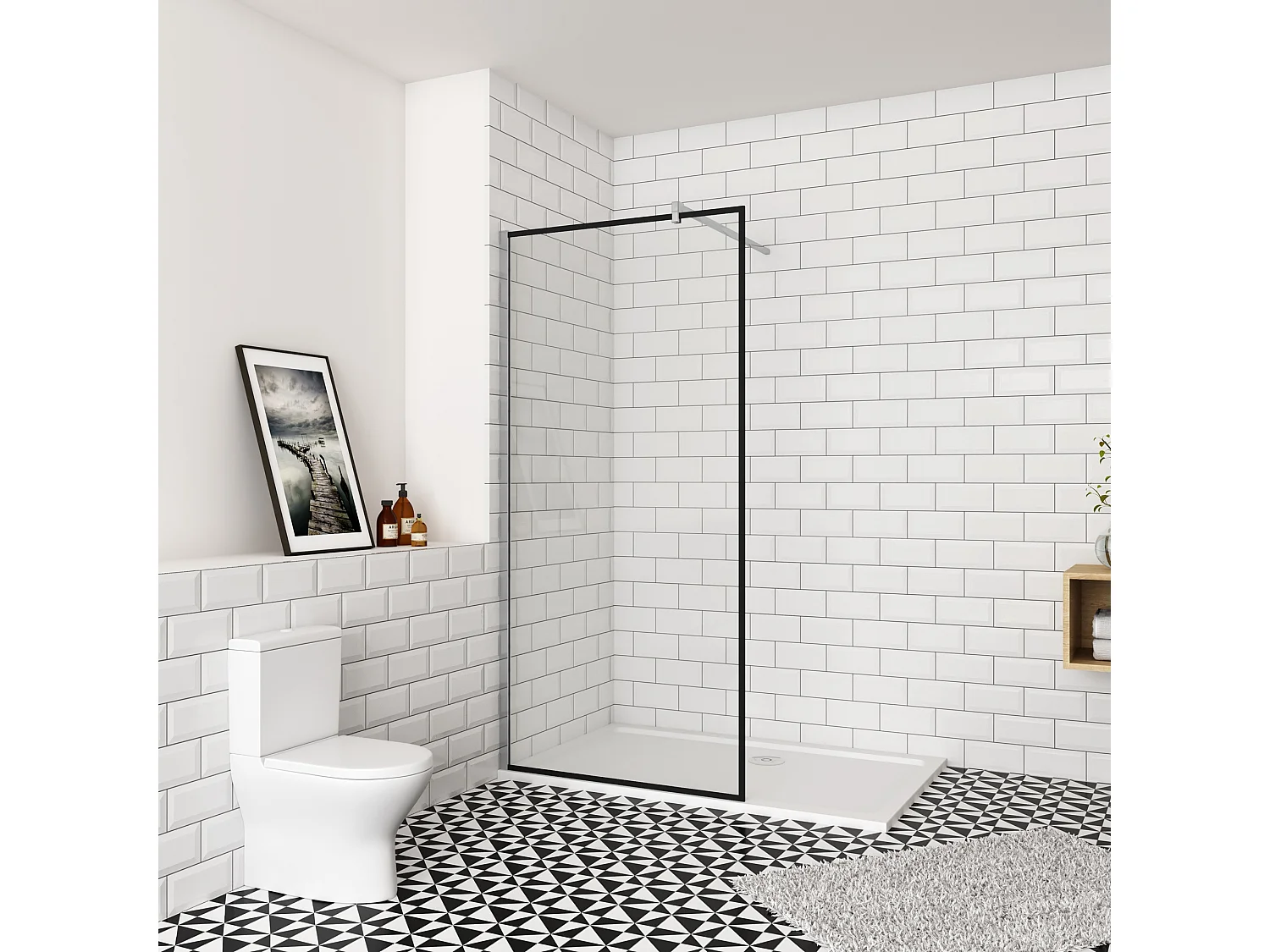 80x200cm inloopdouche-douchecabine,8mm mat zwart kader en raste gehard glas,easyclean,antikalk,stabilisatiestang 140cm(snijdbaar),glanzend chroom profiel