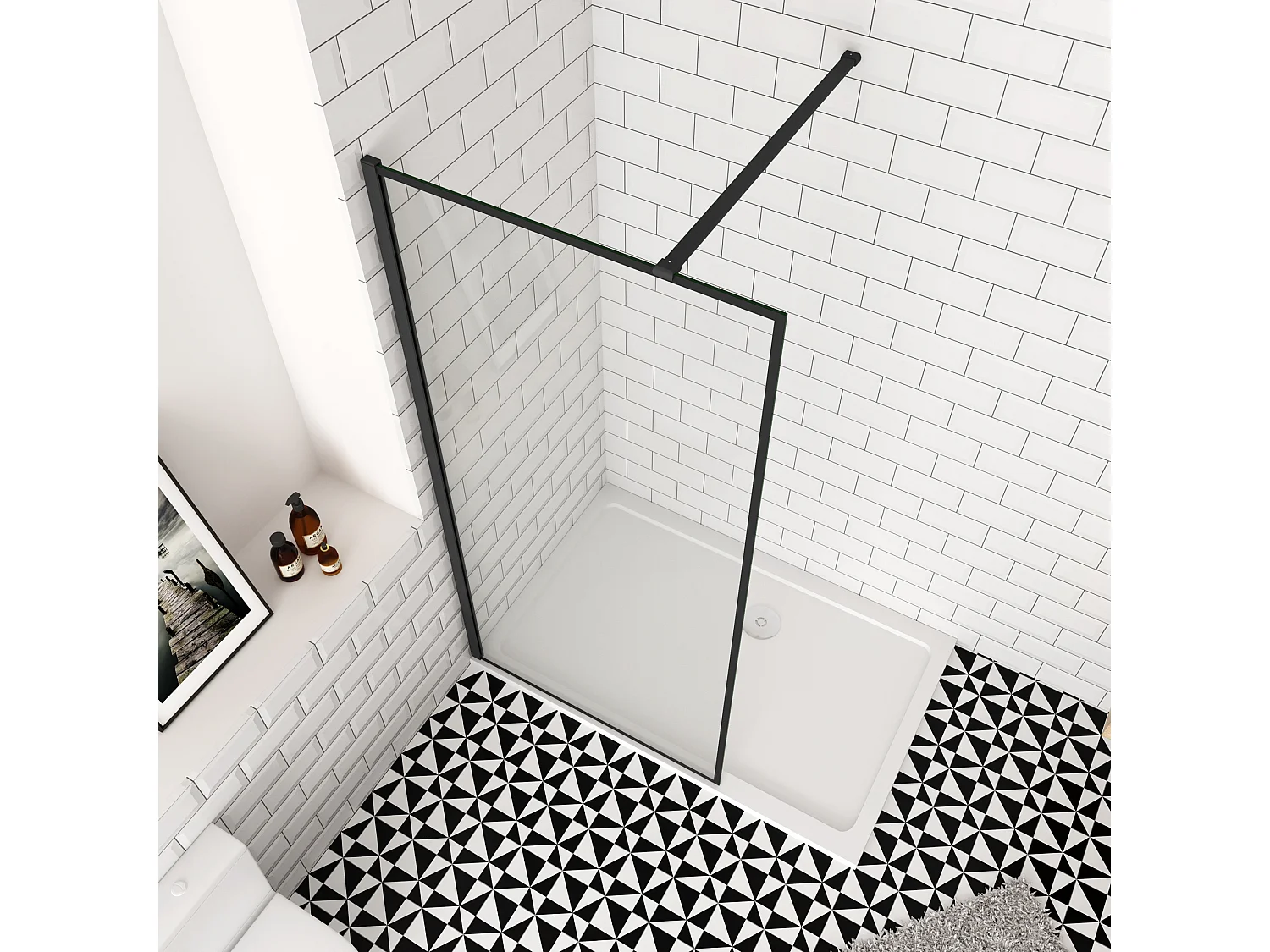 80x200cm inloopdouche-douchecabine,8mm zwart raster gehard gezeefdrukt glas,easyclean,antikalk,stabilisatiestang 140cm (kan worden gesneden),mat zwart profiel