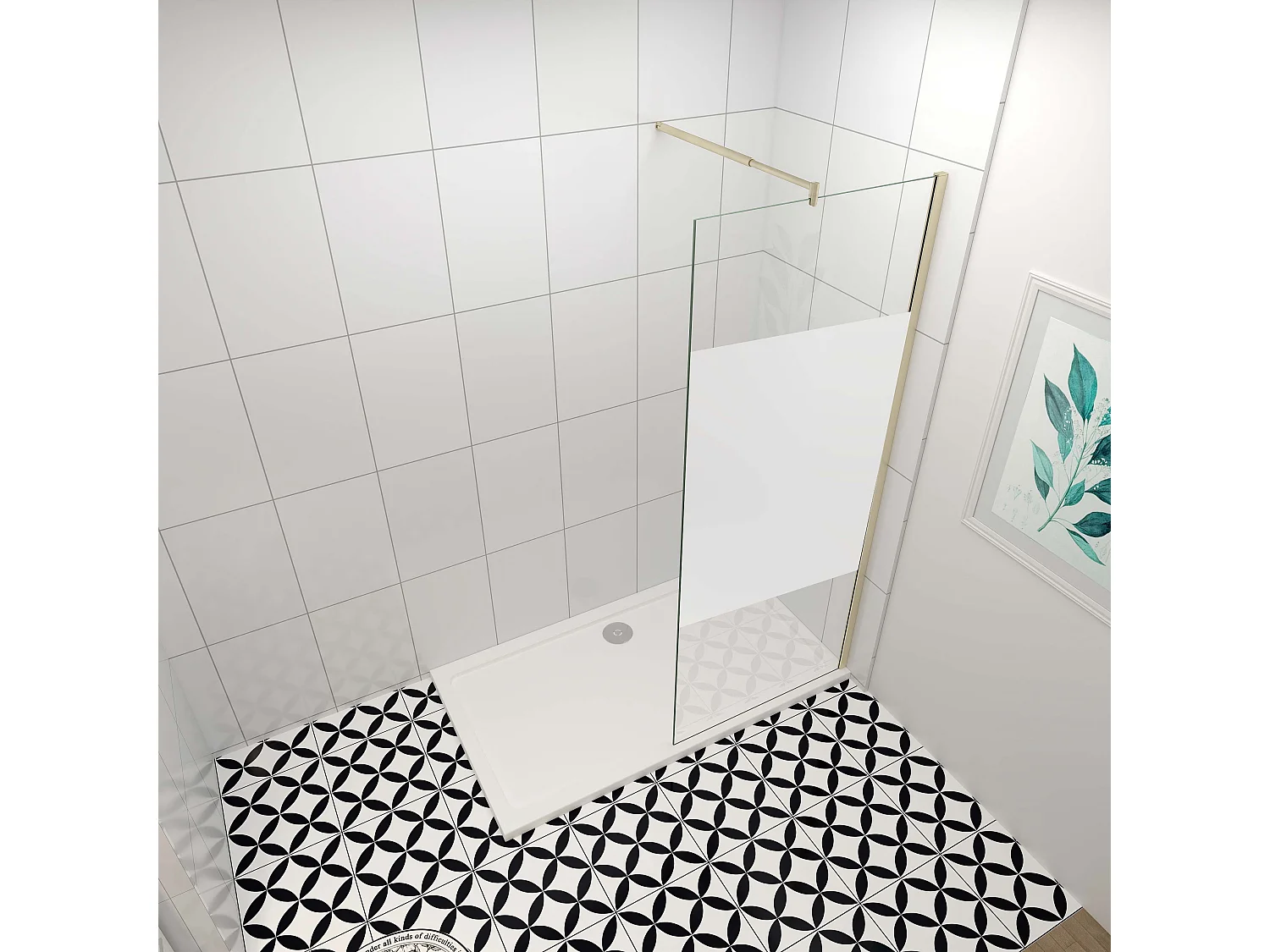 Inloopdouche-douchewand-walk in 120x200 cm,8mm midden wit gematteerd gehard glas met explosieveilige folie+70-120cm Stabilisatiestang,gouden profiel