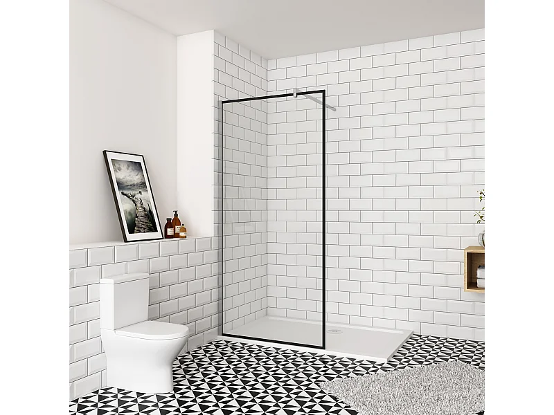 100x200cm inloopdouche-douchecabine,8mm mat zwart kader en raste gehard glas,easyclean,antikalk,stabilisatiestang 140cm(snijdbaar),glanzend chroom profiel