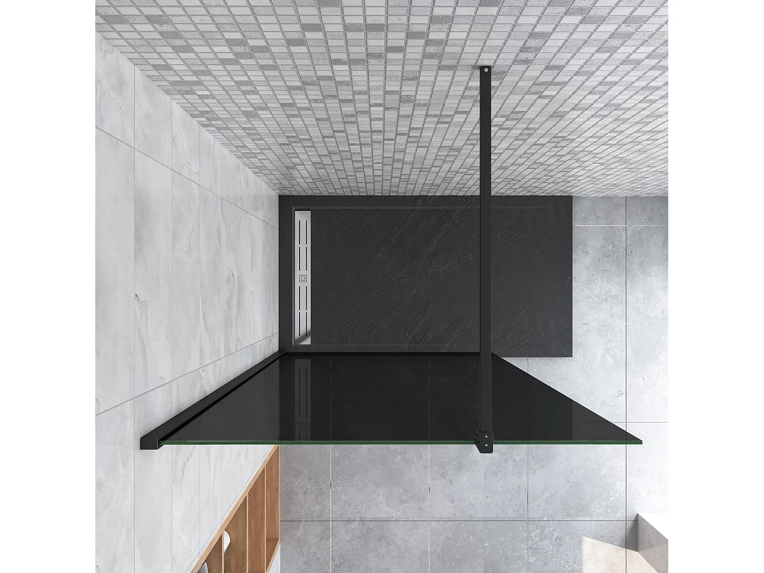 Inloopdouche 140x200cm met zwart folie,10mm NANO EasyClean veiligheidsglas,F-vorm: 140cm Stabilisatiestang,mat zwart aluminium profiel.