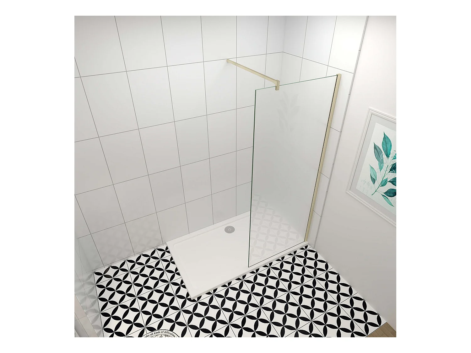 110x200cm Douchewand inloopdouche,10mm dik mat gehard glas met explosieveilige folie,stabilisatiestang 90cm (snijdbaar),gouden profiel.