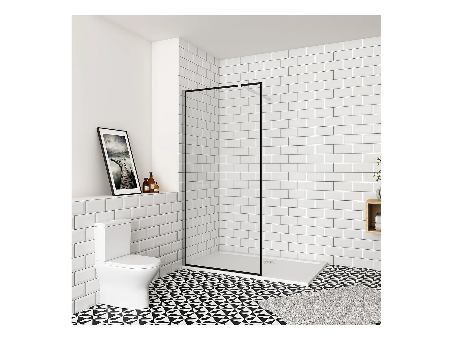 80x200cm inloopdouche-douchecabine,8mm mat zwart kader en raste gehard glas,Easyclean,antikalk,stabilisatiestang 73-120cm(verstelbaar),glanzend chroom profiel