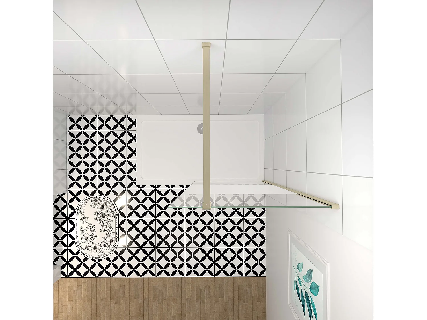 Inloopdouche-douchewand-walk in 110x200 cm,8mm midden wit gematteerd gehard glas met explosieveilige folie+N-vorm: 140 Stabilisatiestang,gouden profiel