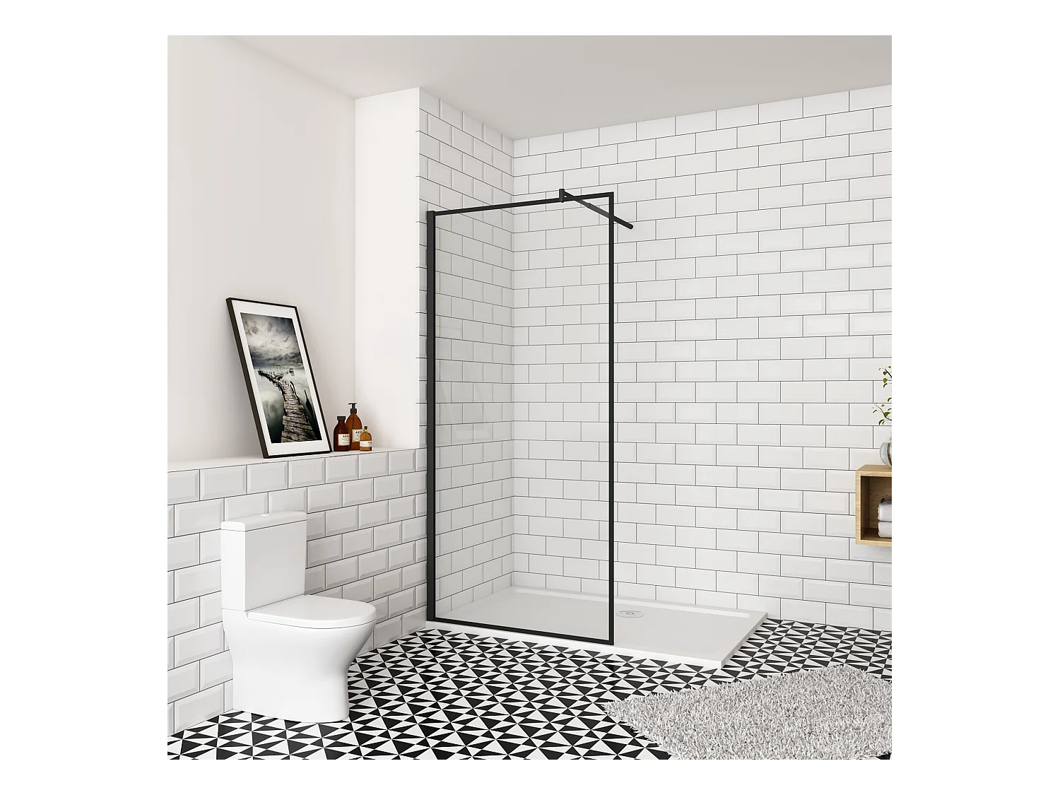 90x200cm inloopdouche-douchecabine,8mm mat zwart kader en raste gehard glas,easyclean,antikalk,stabilisatiestang 70-120cm (verstelbaar),mat zwart profiel