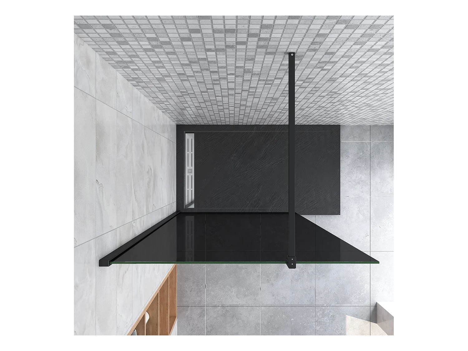 Inloopdouche met zwarte beschermfolie,90x200cm hoog,8mm EasyClean veiligheidsglas,Stabilisatiestang Form:90cm,mat zwart aluminium profiel.