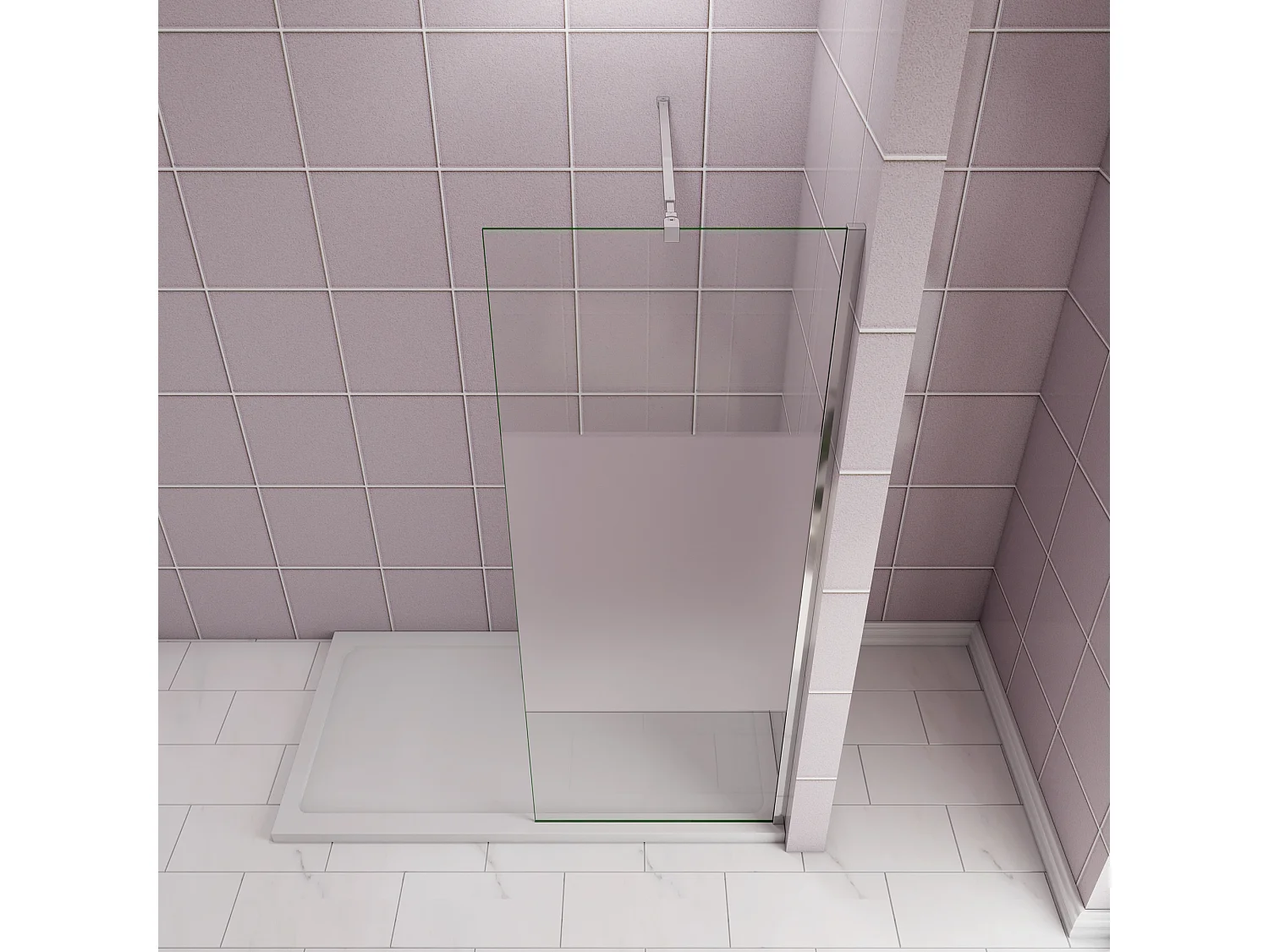 Inloopdouche-douchewand-walk in 85x200 cm,8mm midden wit gematteerd gehard glas met explosieveilige folie+73-120cm Stabilisatiestang,glanzend chroom profiel