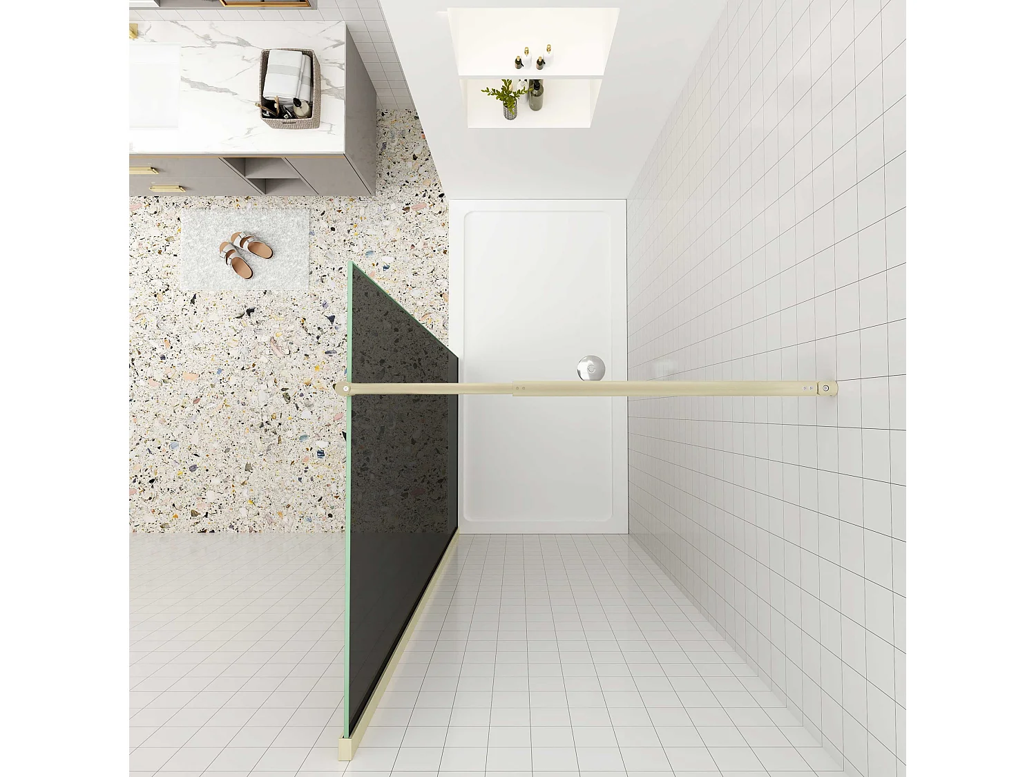 Inloopdouche goud beschermfolie,140x200cm hoog,8mm EasyClean veiligheidsglas,Stabilisatiestang 70-120cm,gouden profiel.