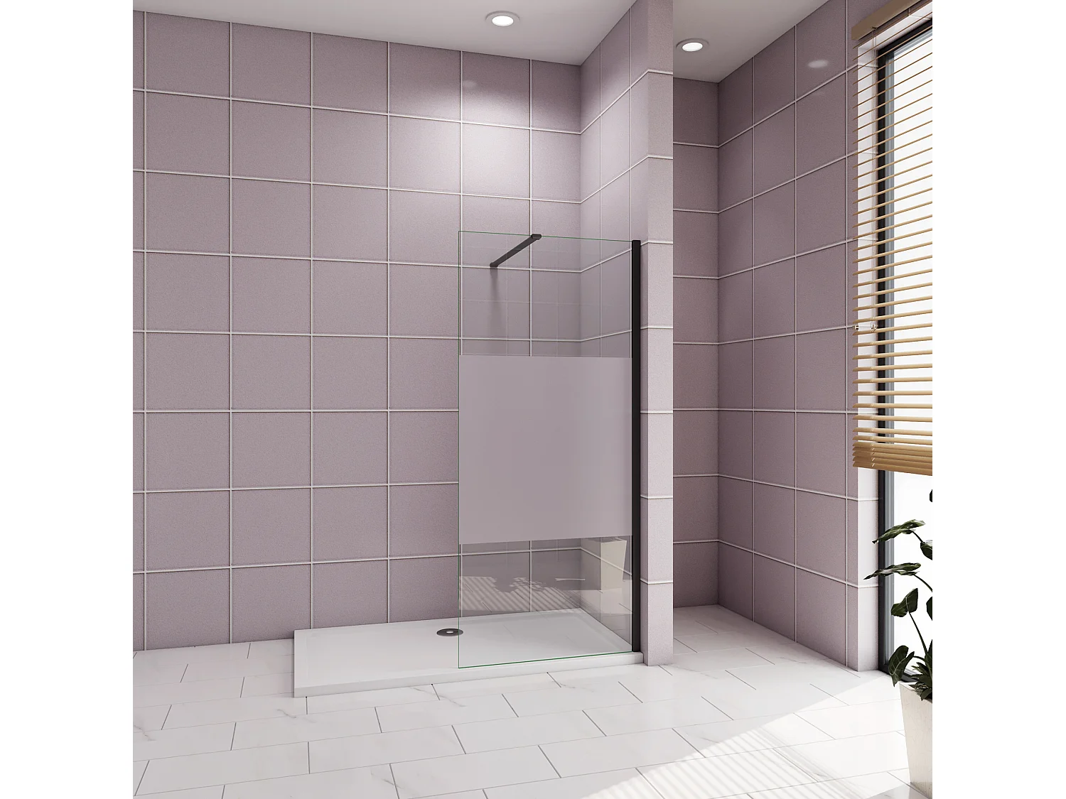 Inloopdouche-douchewand-walk in 110x200 cm,10mm midden wit gematteerd gehard glas met explosieveilige folie+N-vorm: 140 Stabilisatiestang,mat zwart profiel