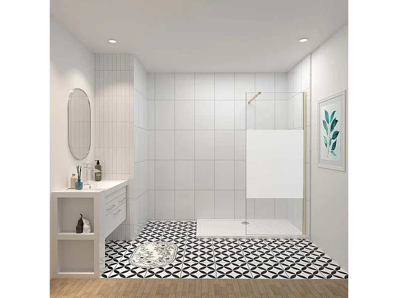 Inloopdouche-douchewand-walk in 70x200 cm,8mm midden wit gematteerd gehard glas met explosieveilige folie+73-120cm Stabilisatiestang,gouden profiel
