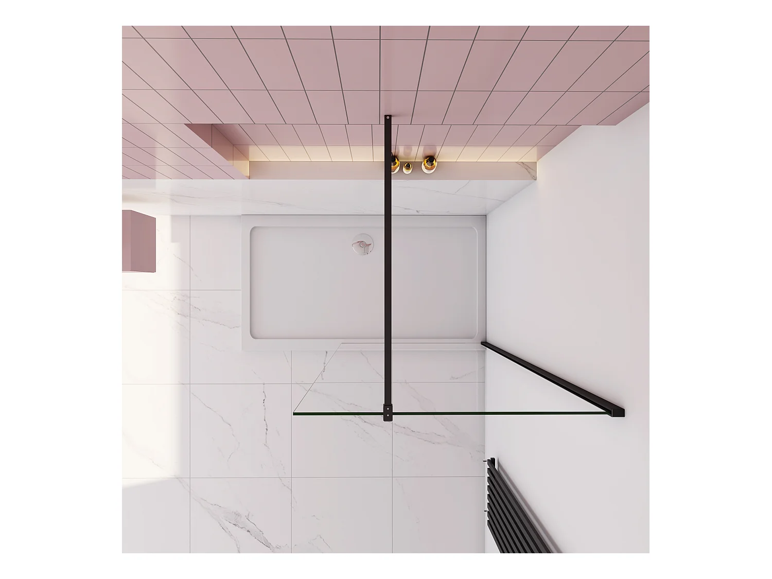 Inloopdouche-douchewand-walk in 8mm NANO EasyClean veiligheidsglas，90x200cm+F-vorm: 90 Stabilisatiestang,mat zwart aluminium profiel.