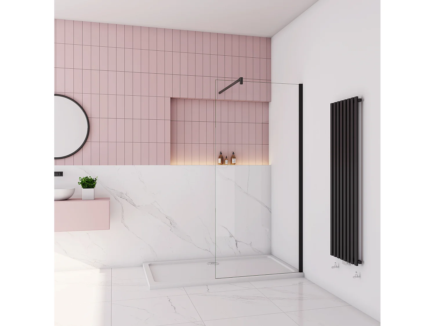 Inloopdouche-douchewand-walk in 8mm NANO EasyClean veiligheidsglas，90x200cm+F-vorm: 90 Stabilisatiestang,mat zwart aluminium profiel.