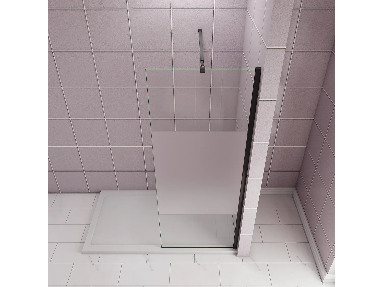 Inloopdouche-douchewand-walk in 140x200 cm,10mm midden wit gematteerd gehard glas met explosieveilige folie+73-120cm Stabilisatiestang,mat zwart aluminium profiel.