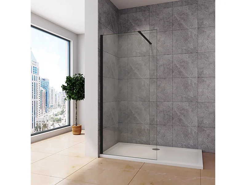 Inloopdouche-douchewand-walk in 8mm NANO EasyClean veiligheidsglas，120x200cm+N-vorm: 90 Stabilisatiestang,mat zwart aluminium profiel.