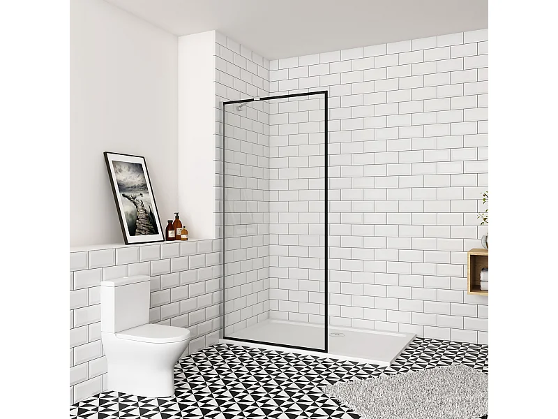 80x200cm inloopdouche-douchecabine,8mm mat zwart kader en raste gehard glas,makkelijk schoon te maken,antikalk,stabilisatiestang 45cm,glanzend chroom profiel