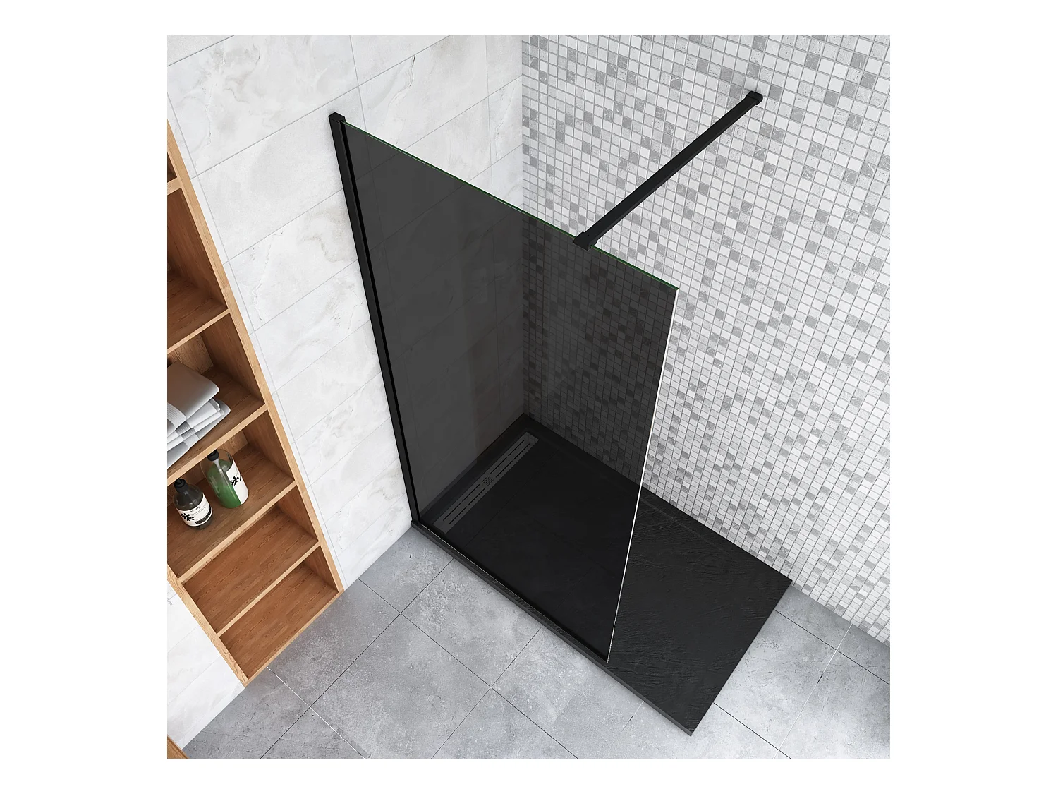 Inloopdouche met zwarte beschermfolie,90x200cm hoog,8mm EasyClean veiligheidsglas,Stabilisatiestang Norm:140cm,mat zwart aluminium profiel.