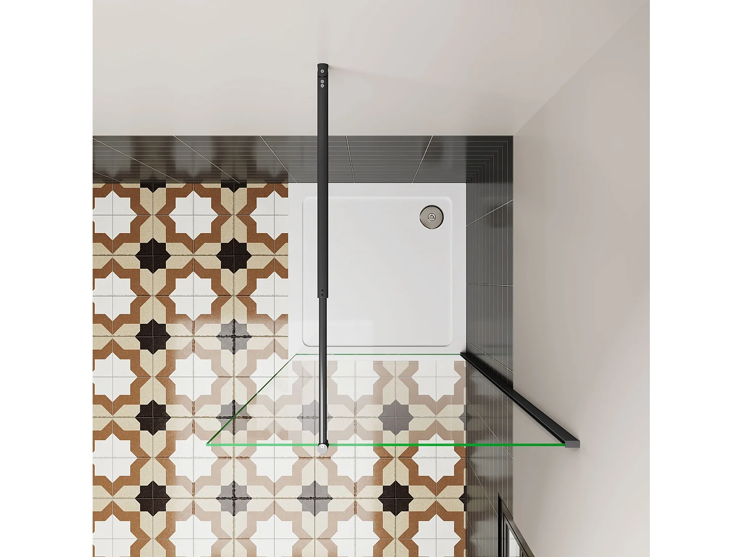Douchewand Inloopdouche 76x195cm,6 mm helder EasyClean veiligheidsglas,mat zwart aluminium frame,stabilisatorstang uitschuifbaar van 70-120 cm