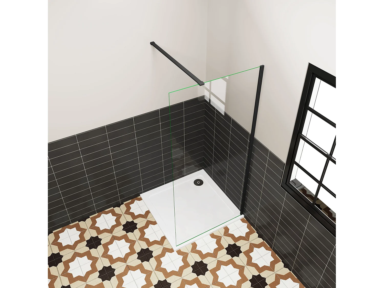Douchewand Inloopdouche 72x195cm,6 mm helder EasyClean veiligheidsglas,mat zwart aluminium frame,stabilisatorstang 140 cm