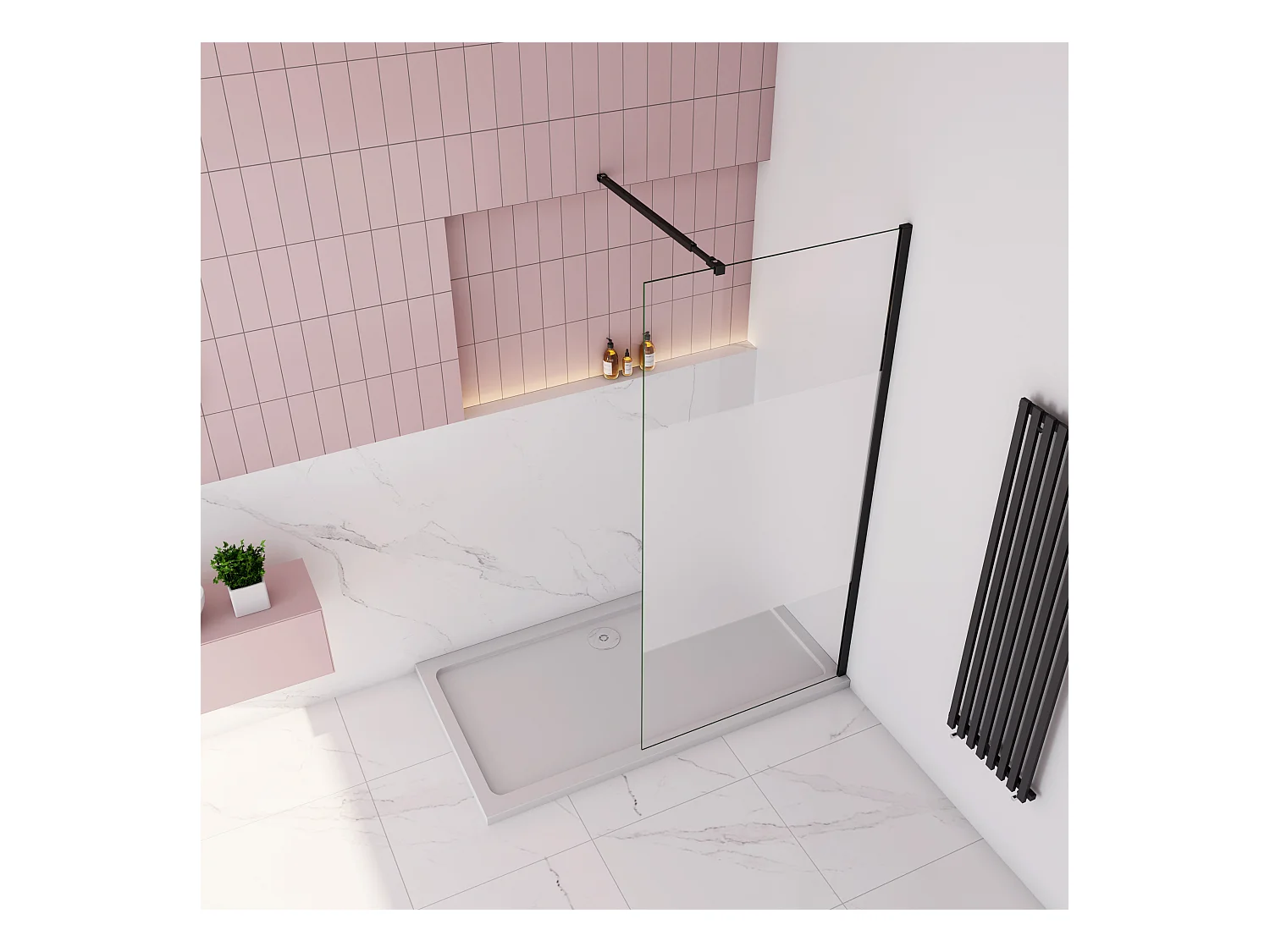 Inloopdouche-douchewand-walk in 140x200 cm,8mm midden wit gematteerd gehard glas met explosieveilige folie+73-120cm Stabilisatiestang,mat zwart aluminium profiel.