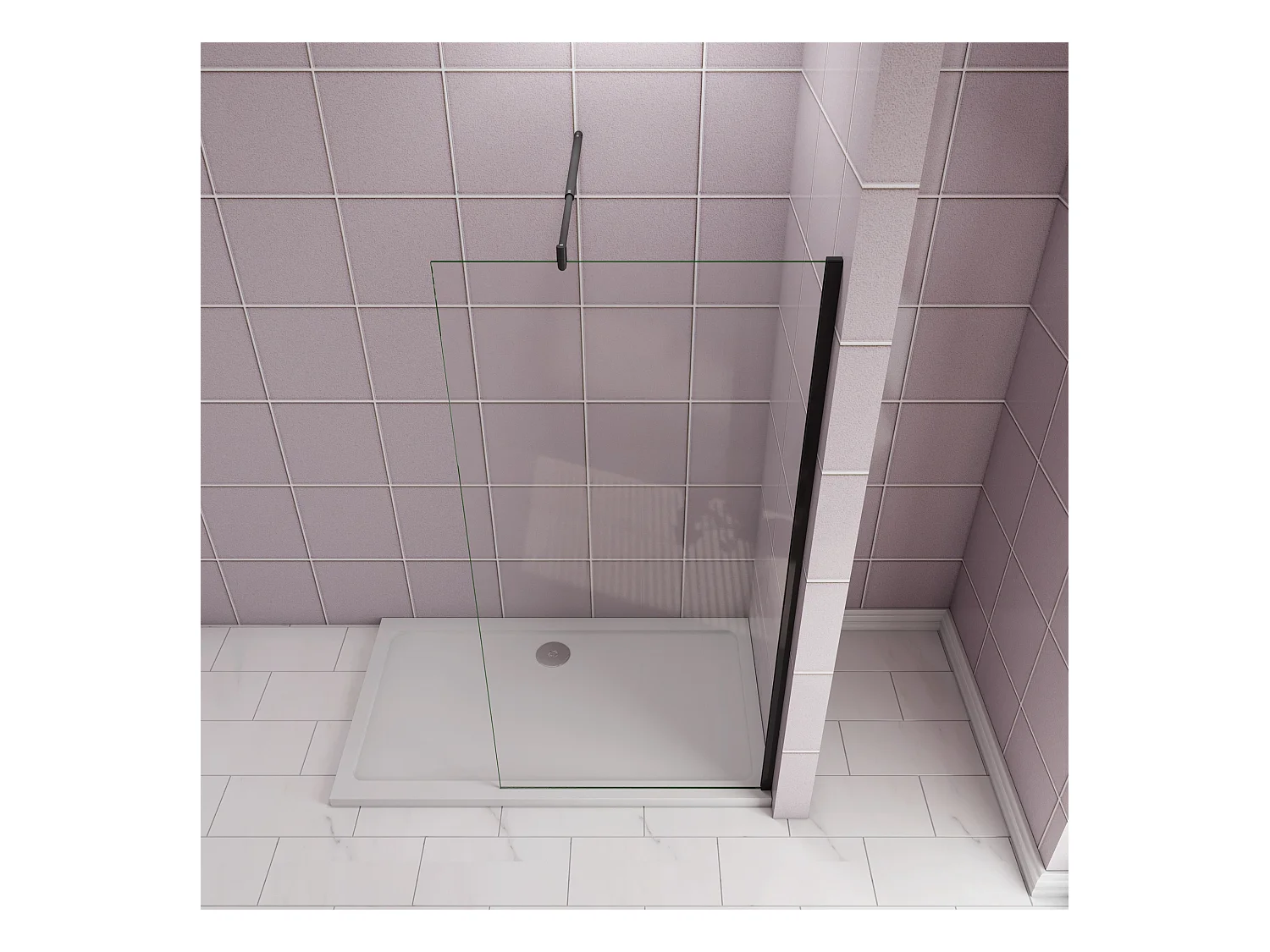 Inloopdouche-douchewand-walk in 8mm NANO EasyClean veiligheidsglas，150x200cm+70-120cm Stabilisatiestang,mat zwart aluminium profiel.