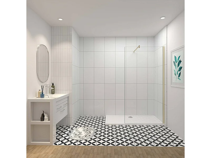 Inloopdouche-douchewand-walk in 10mm NANO EasyClean veiligheidsglas，80x200cm+F-vorm: 140 Stabilisatiestang,gouden profiel