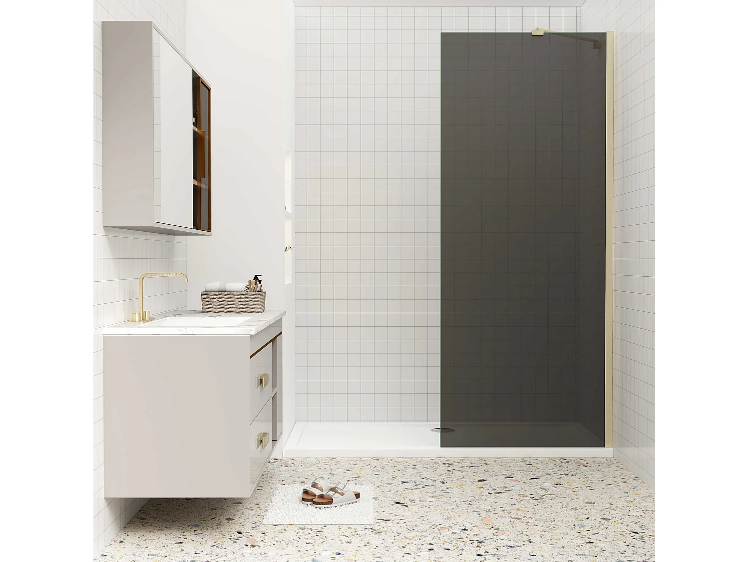 Inloopdouche goud beschermfolie,90x200cm hoog,8mm EasyClean veiligheidsglas,Stabilisatiestang 45cm,gouden profiel.