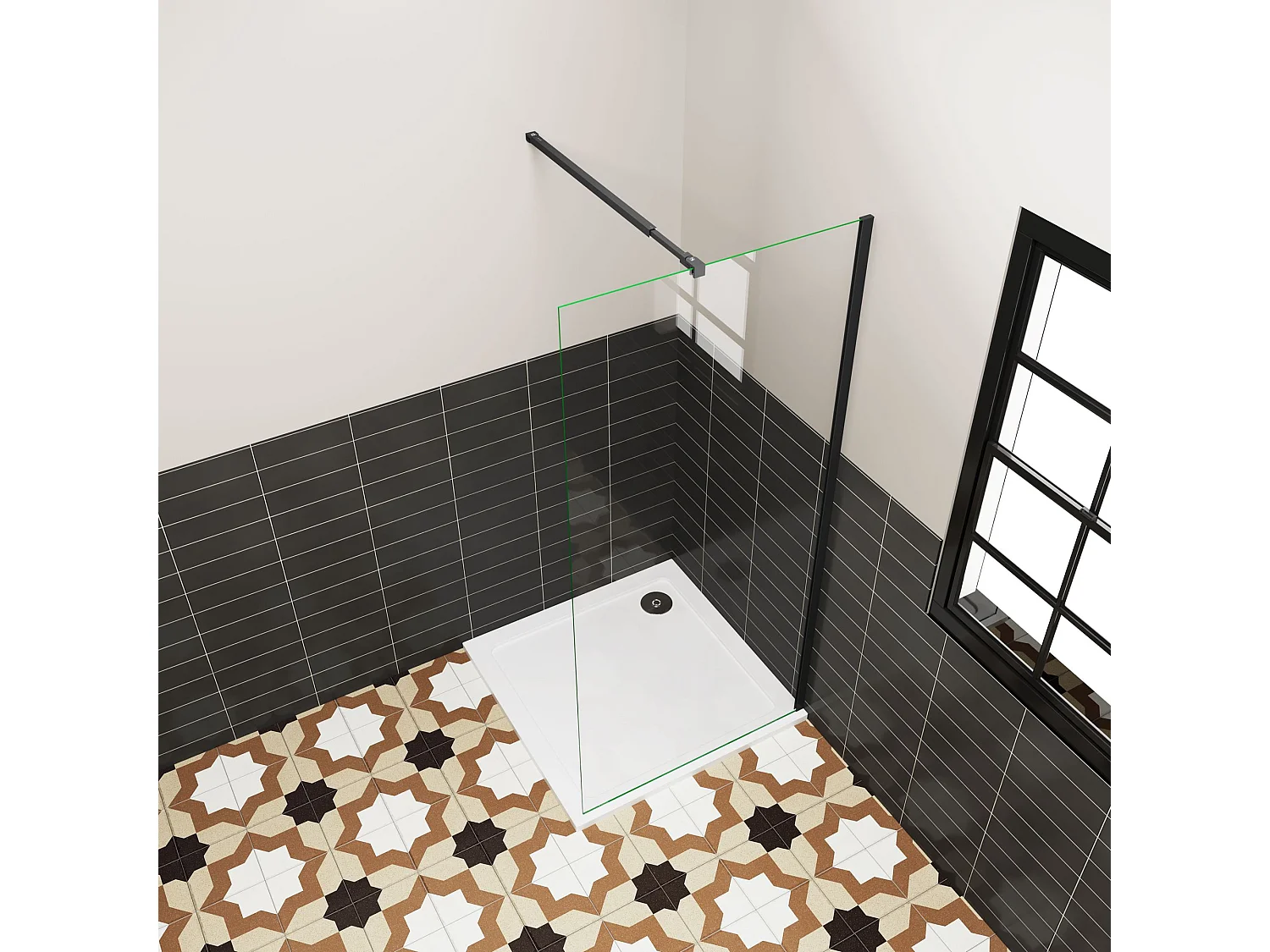 Douchewand Inloopdouche 86x185cm,6 mm helder EasyClean veiligheidsglas,mat zwart aluminium frame,stabilisatorstang 73-120cm