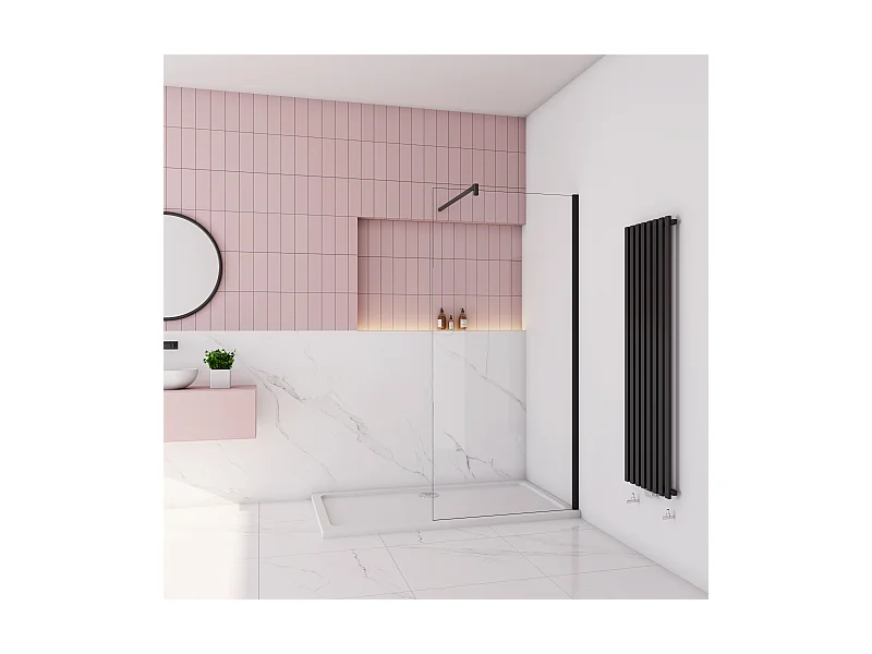 Inloopdouche-douchewand-walk in 10mm NANO EasyClean veiligheidsglas，120x200cm+F-vorm: 90 Stabilisatiestang,mat zwart aluminium profiel.