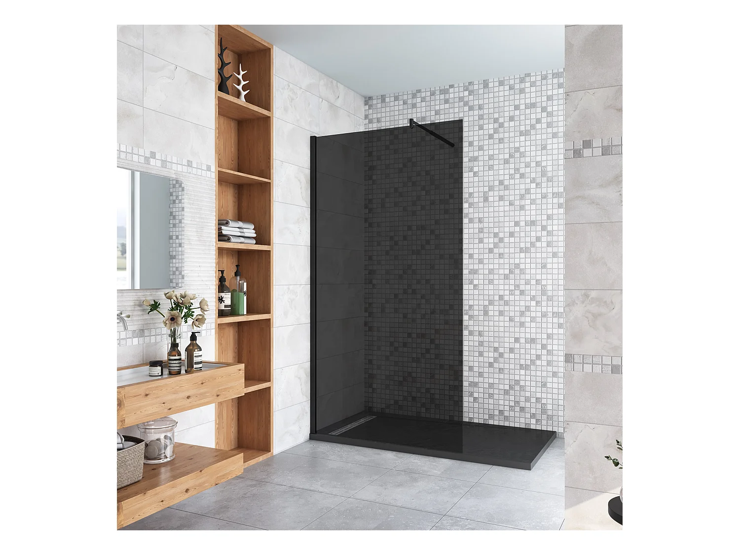 Inloopdouche met zwarte beschermfolie,140x200cm hoog,8mm EasyClean veiligheidsglas,Stabilisatiestang 70-120cm,mat zwart aluminium profiel.