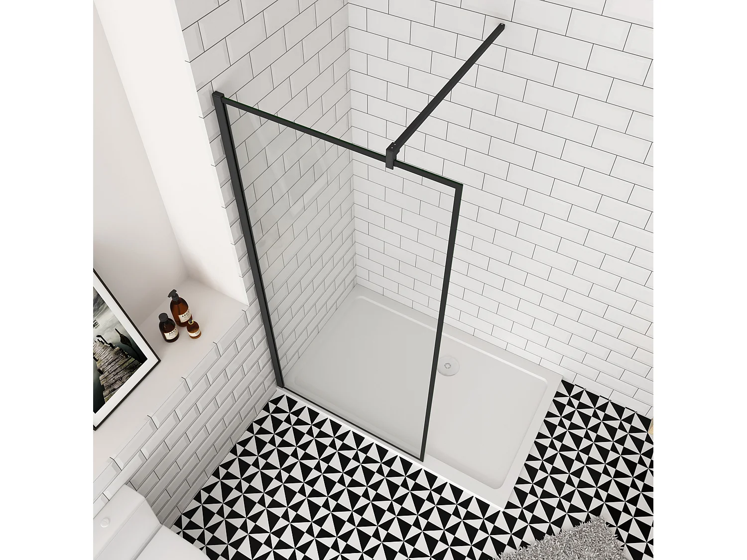 90x200cm inloopdouche-douchecabine,8 mm mat zwart kader en raste gehard glas,eenvoudig te reinigen,antikalk,stabilisatiestang 140cm (snijdbaar),mat zwart profiel