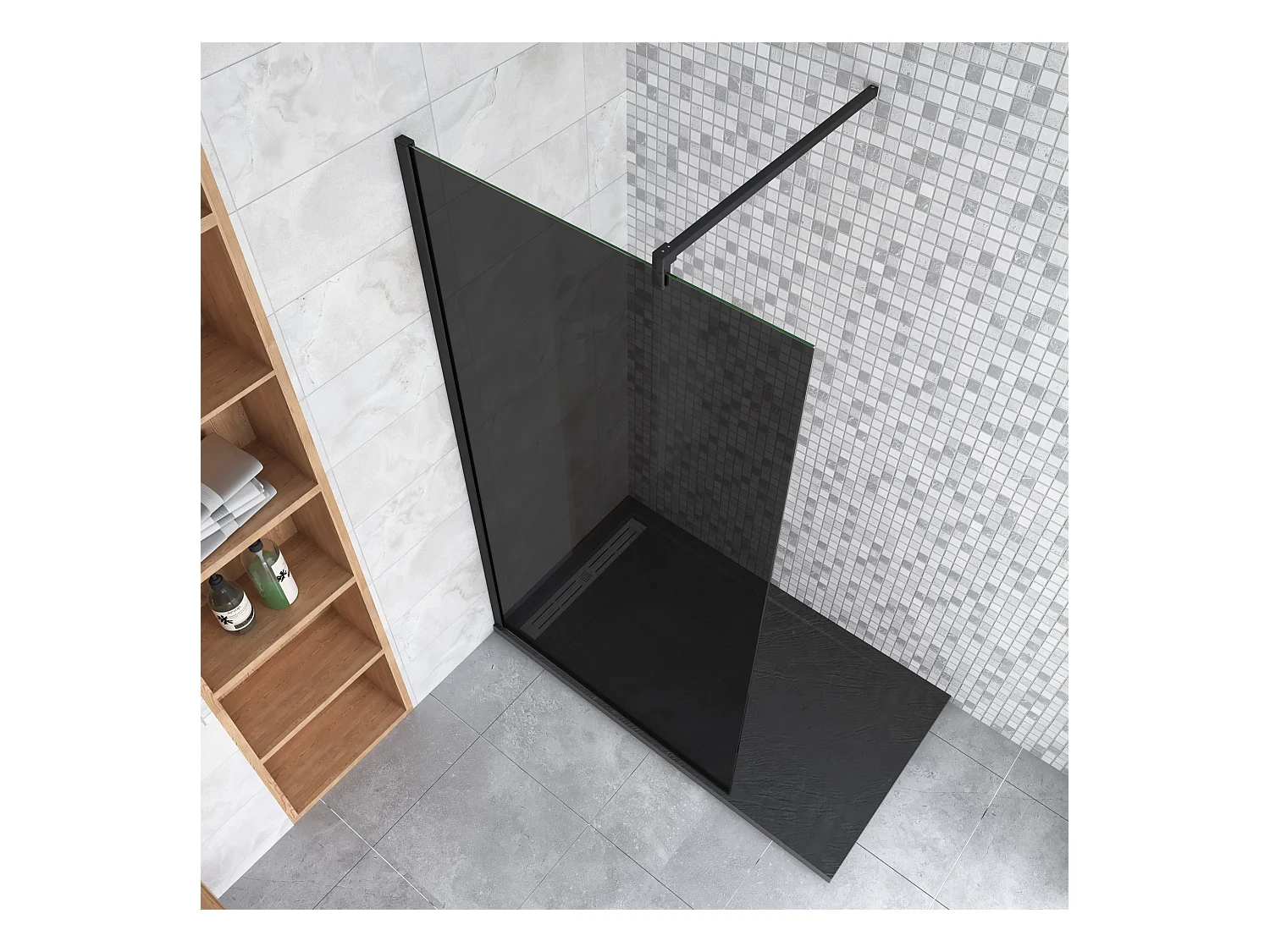 Inloopdouche met zwarte beschermfolie,120x200cm hoog,8mm EasyClean veiligheidsglas,Stabilisatiestang Form:90cm,mat zwart aluminium profiel.