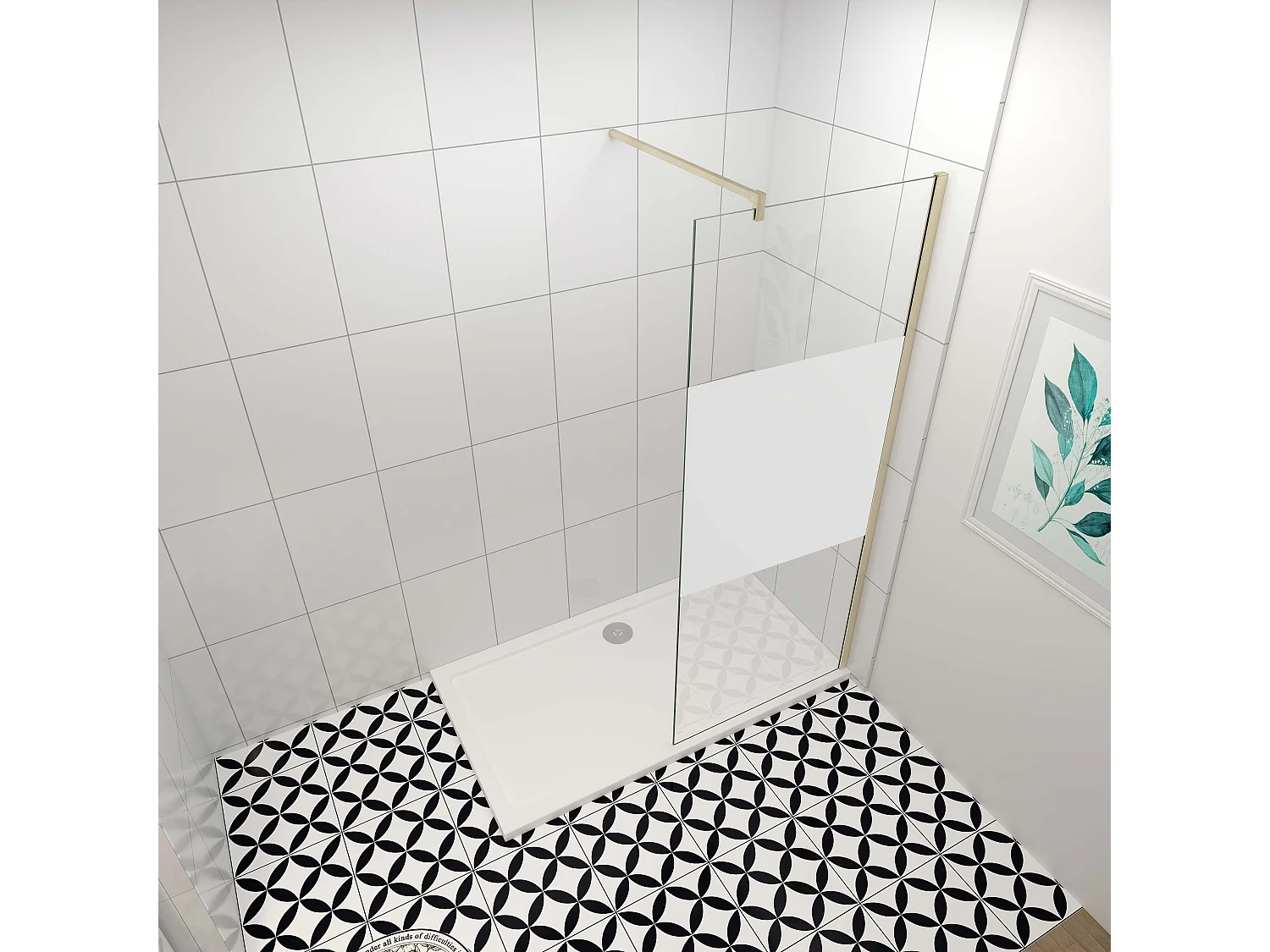 Inloopdouche-douchewand-walk in 90x200 cm,8mm midden wit gematteerd gehard glas met explosieveilige folie+F-vorm: 140 Stabilisatiestang,gouden profiel