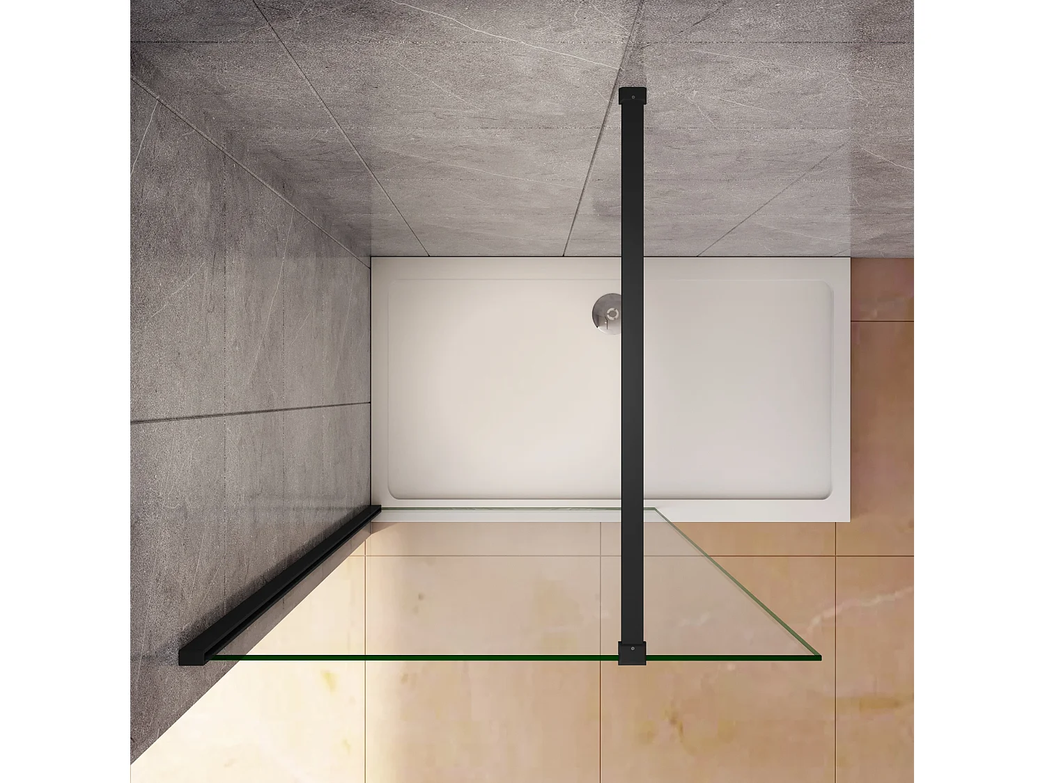 Inloopdouche-douchewand-walk in 8mm NANO EasyClean veiligheidsglas，110x200cm+N-vorm: 140 Stabilisatiestang,mat zwart aluminium profiel.