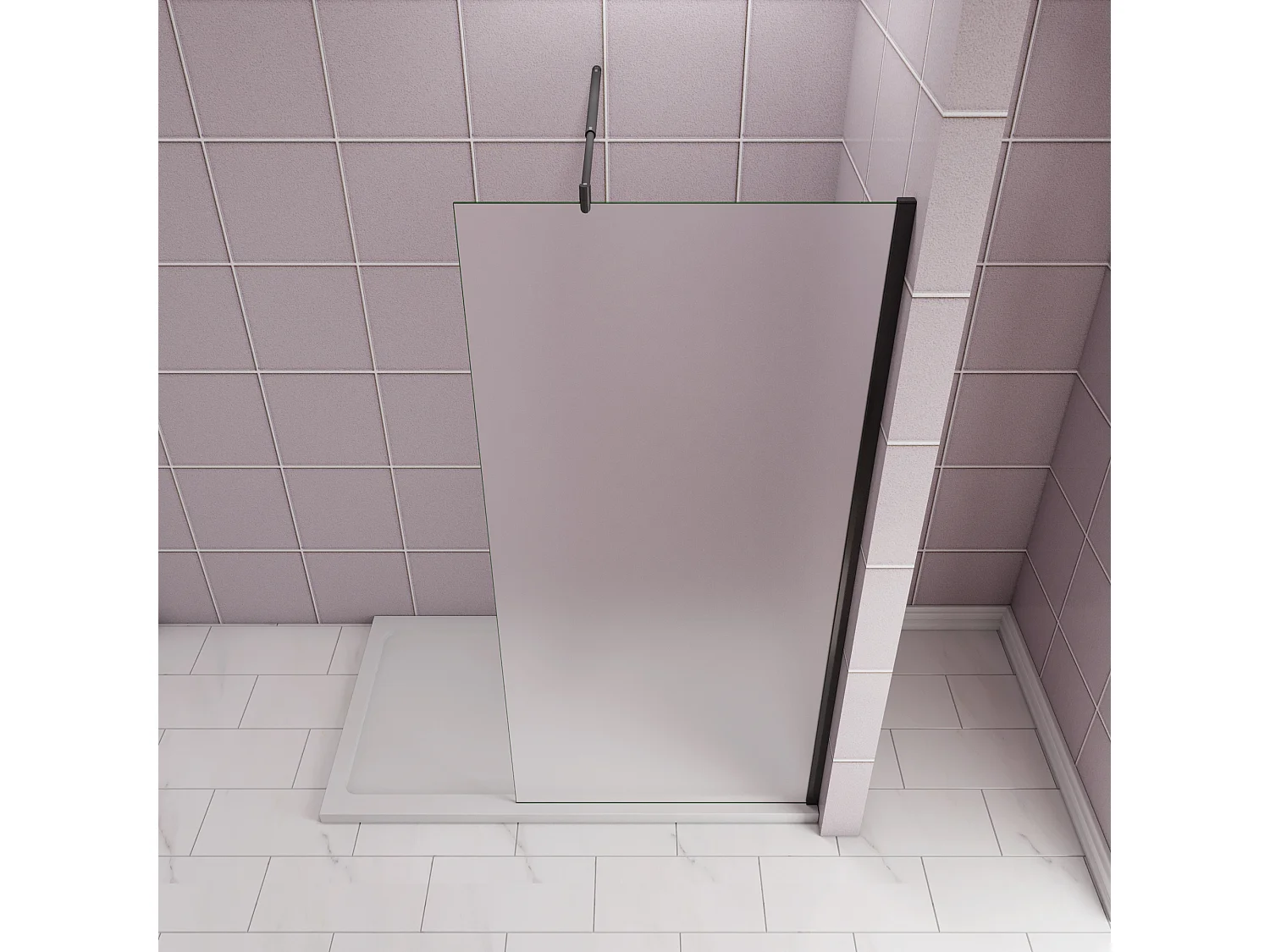 90x200cm Douchewand inloopdouche,10mm dik mat gehard glas met explosieveilige folie,stabilisatiestang 70-120cm (verstelbaar),mat zwart aluminium profiel.