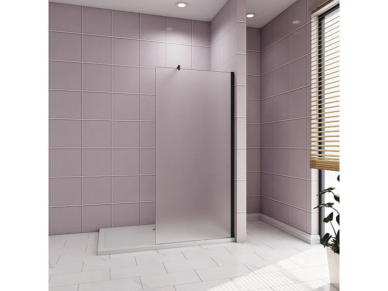 90x200cm Douchewand inloopdouche,10mm dik mat gehard glas met explosieveilige folie,stabilisatiestang 70-120cm (verstelbaar),mat zwart aluminium profiel.